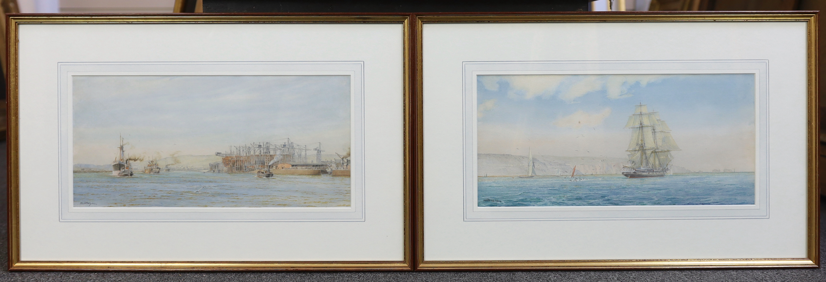 Harold Wyllie (British, 1880-1973) pair of watercolours, 'The building of the Queen Elizabeth at Clydebank 1935, and 'The Brig, Martin sailing through the Needles', signed 17 x 37cm